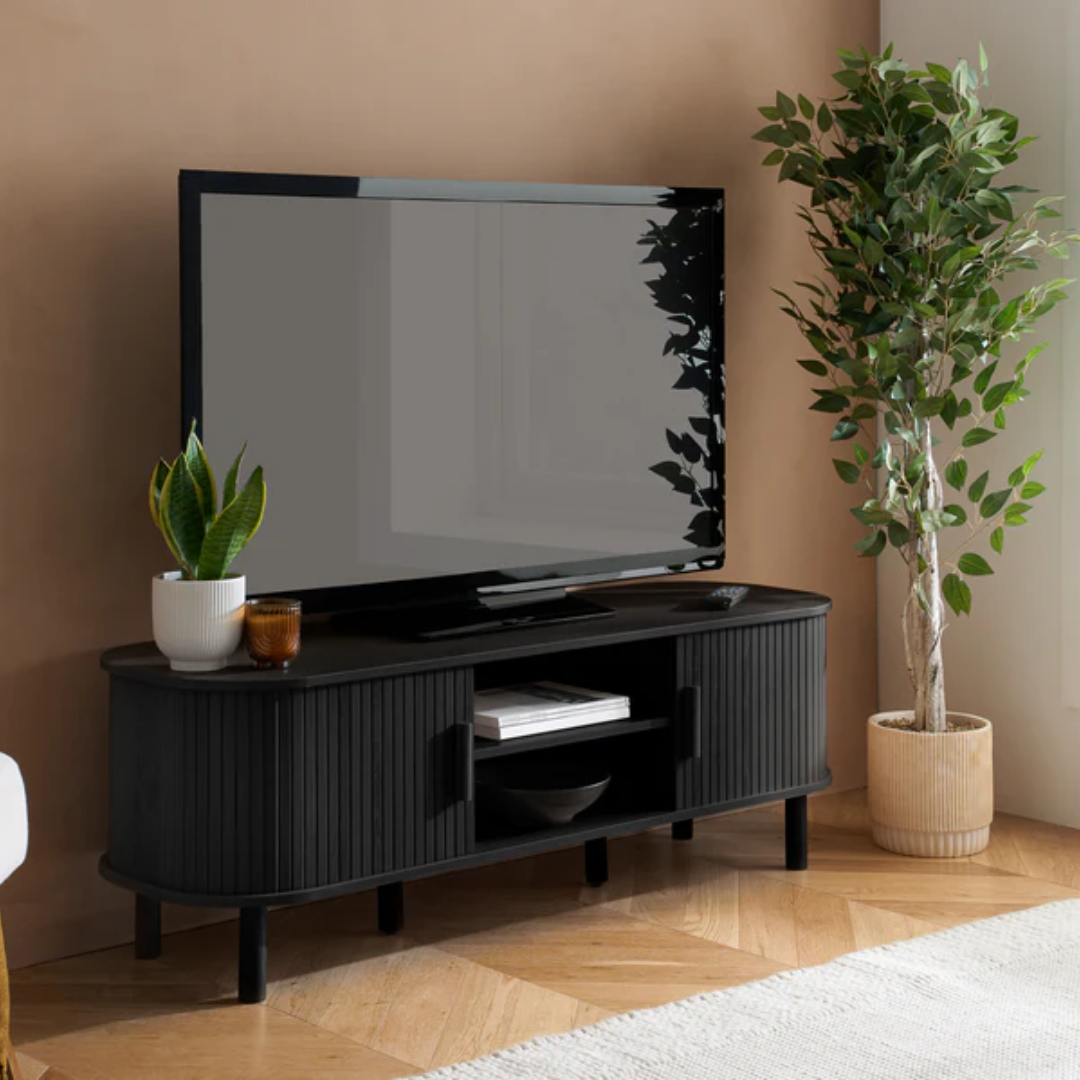 Black Wood TV Unit With Sliding Doors