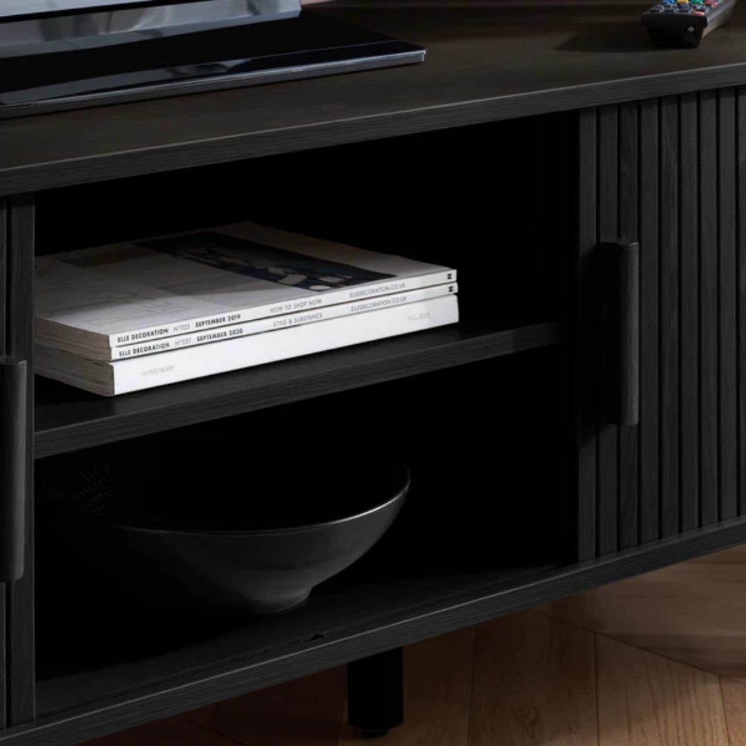 Black Wood TV Unit With Sliding Doors