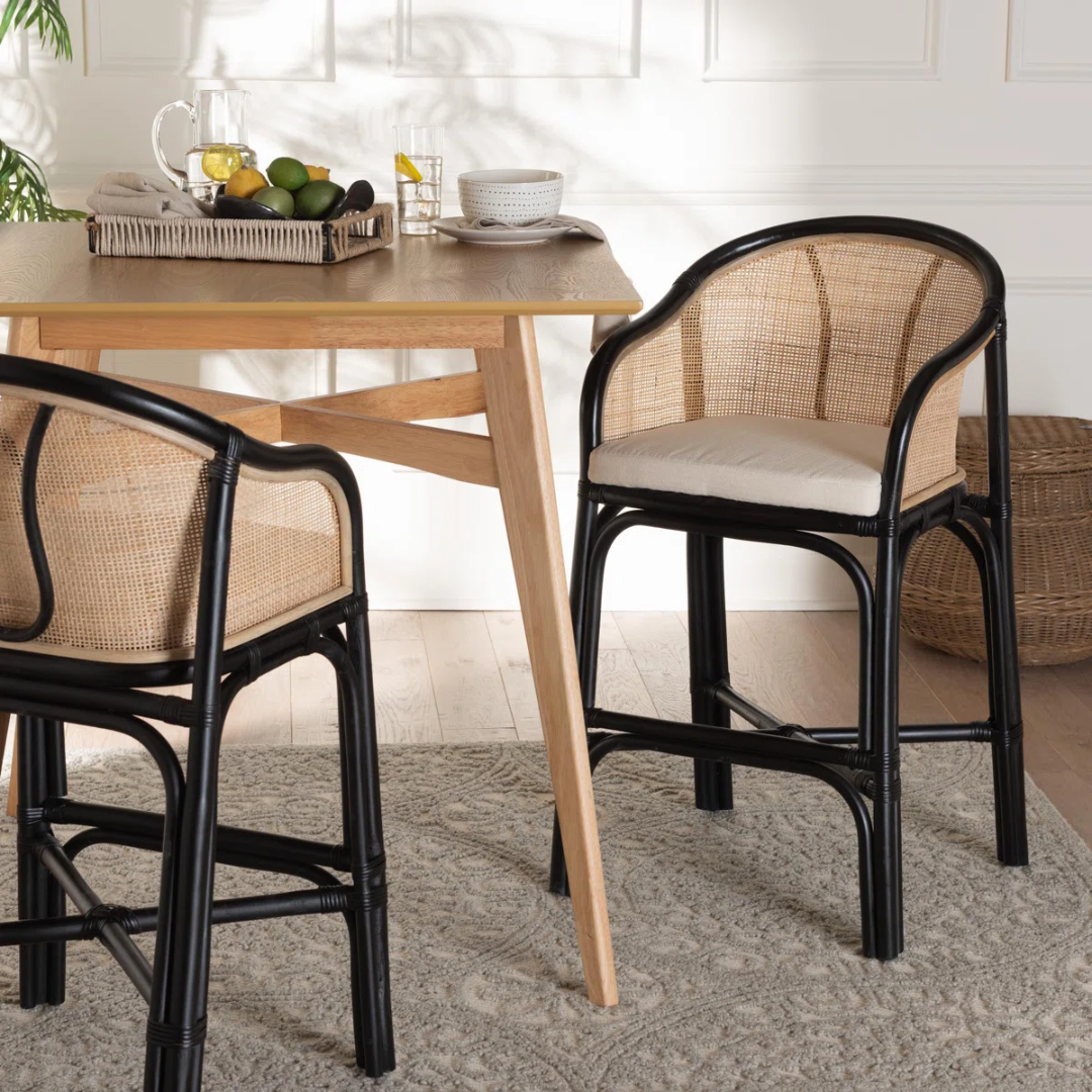 Black Rattan Bar Stool Chair With Back