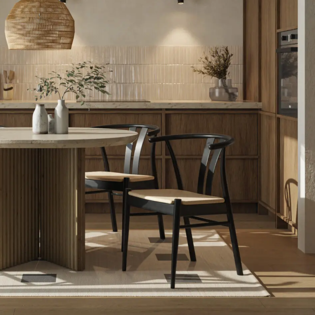 Black Woven Wishbone Dining Chairs