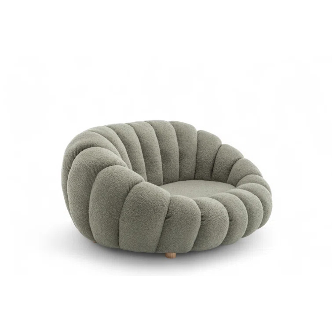 Boucle Sage Light Green Sofa, side view.
