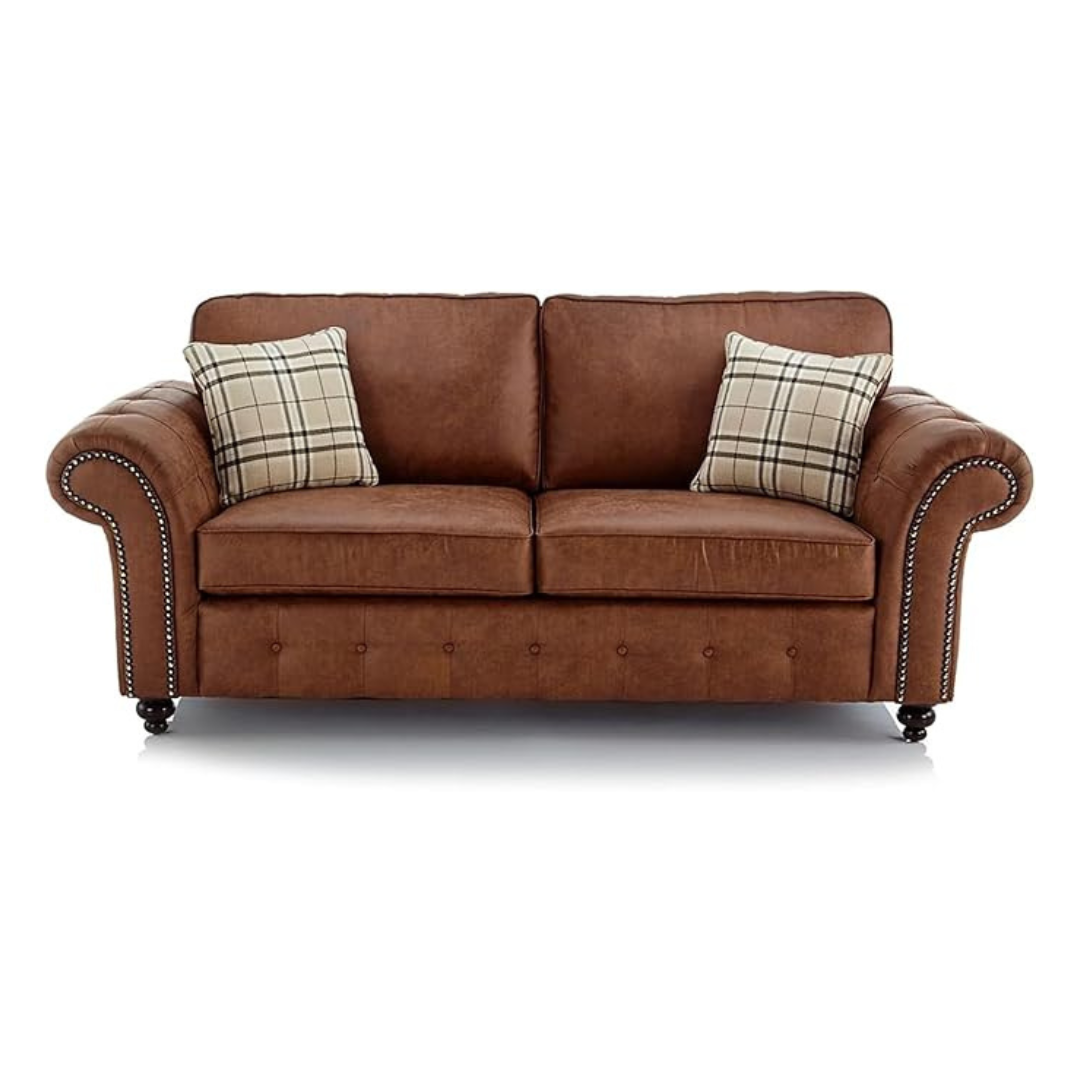 Brown Suede Leather Mid Century 3 Seater Sofa, set on a white background
