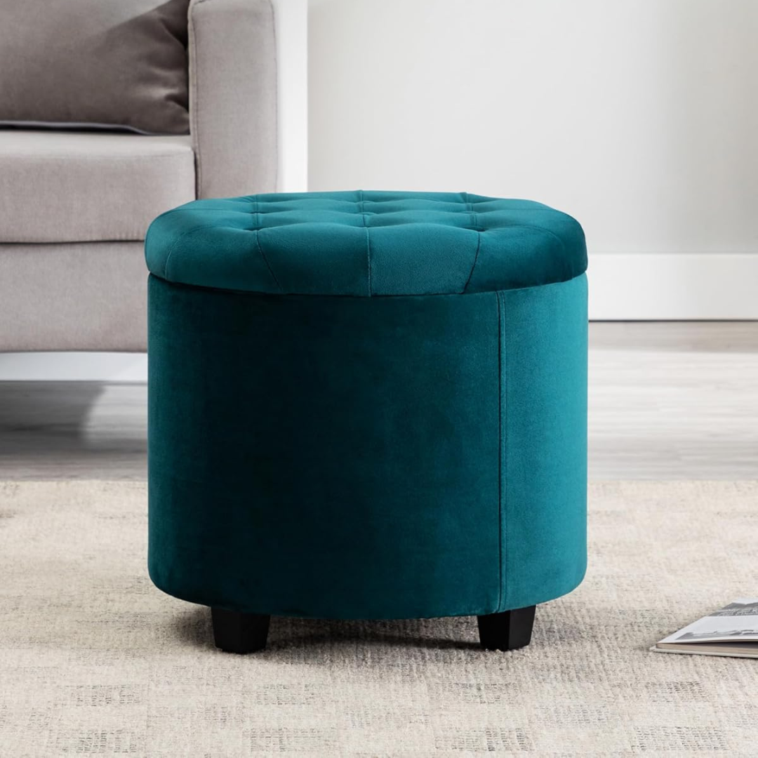 Chesterfield Velvet Ottoman With Storage, teal set in a modern home.