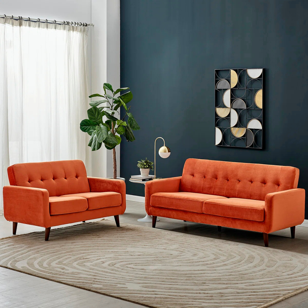Contemporary 2-Seater and 3-Seater Burnt Orange Sofas, in a modern living room.