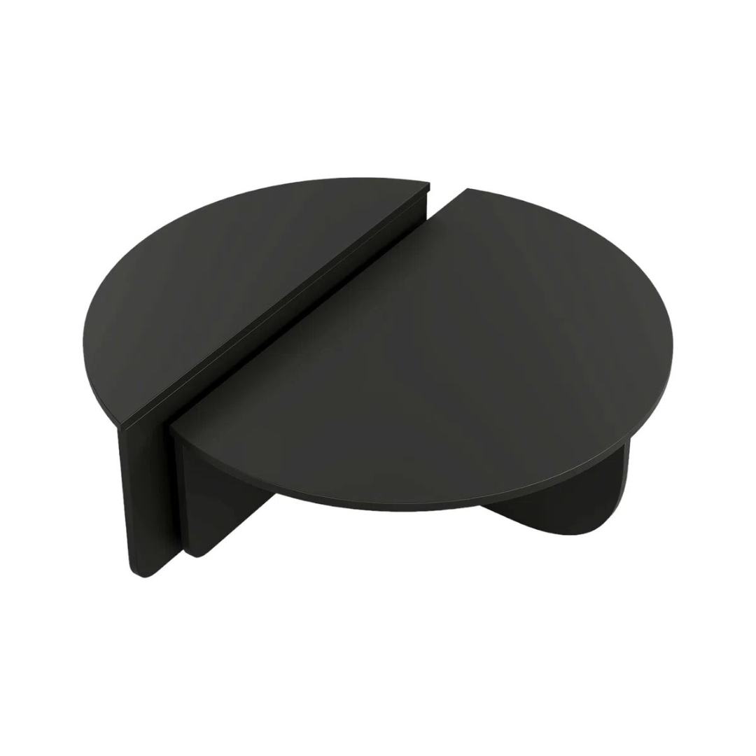 Contemporary low round coffee table with magazine slot, black table with a white background.
