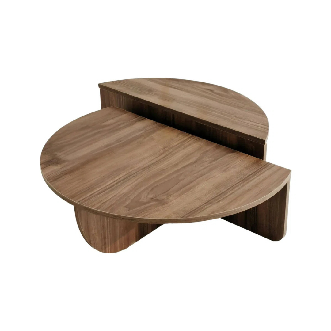 Contemporary low round coffee table with magazine slot, brown table with white background.