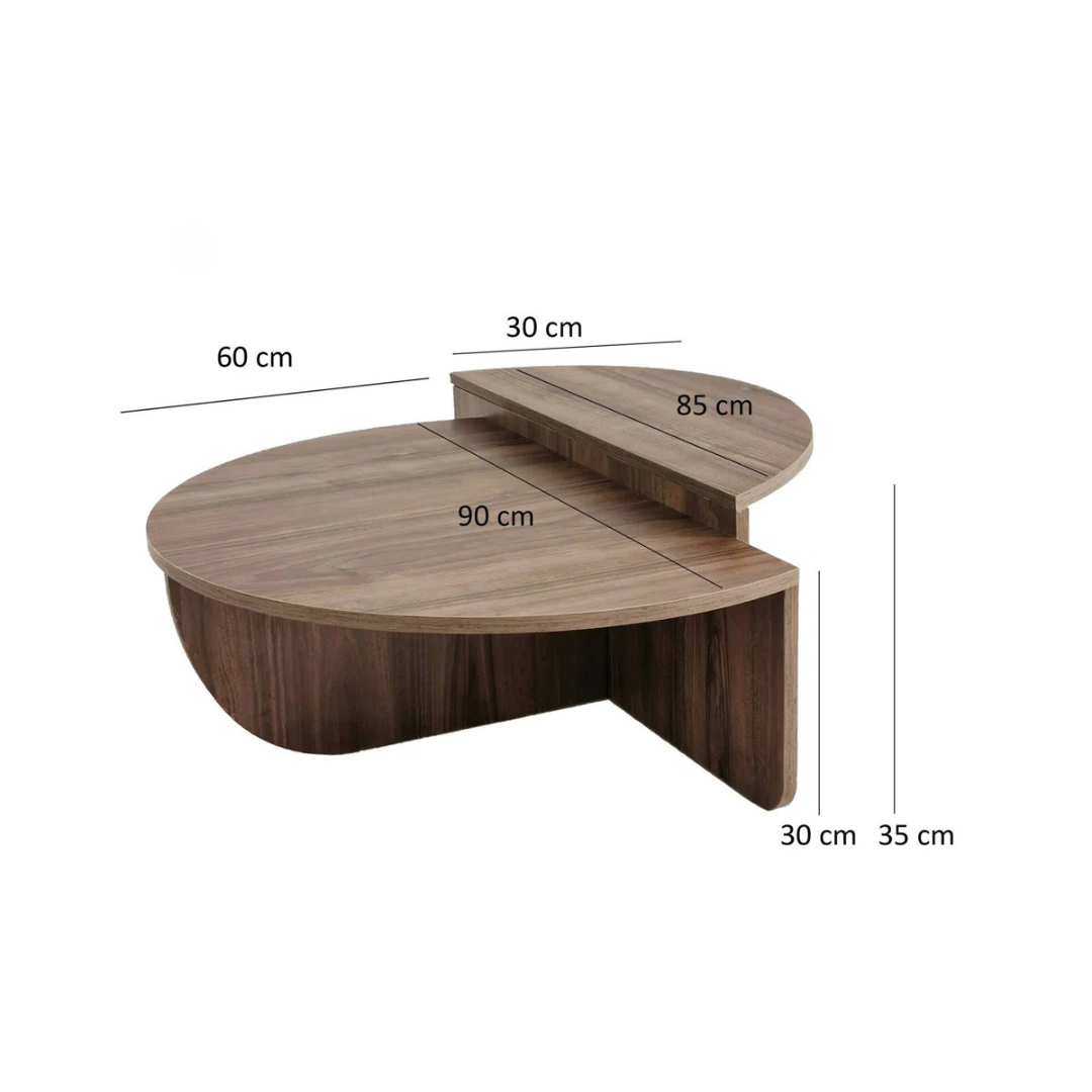 Contemporary low round coffee table with magazine slot, dimensions.