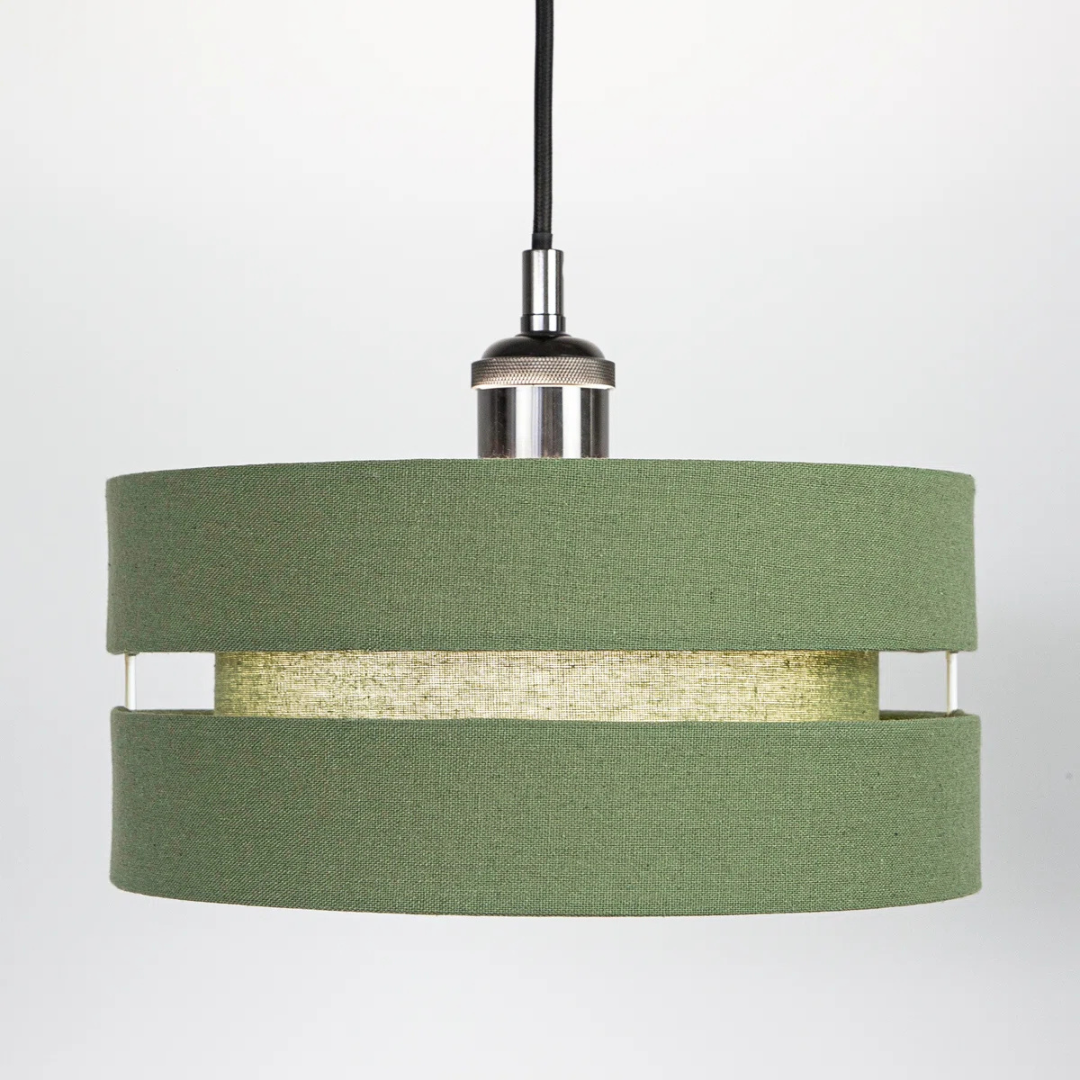 Green pendant lamp with a textured band on a white background