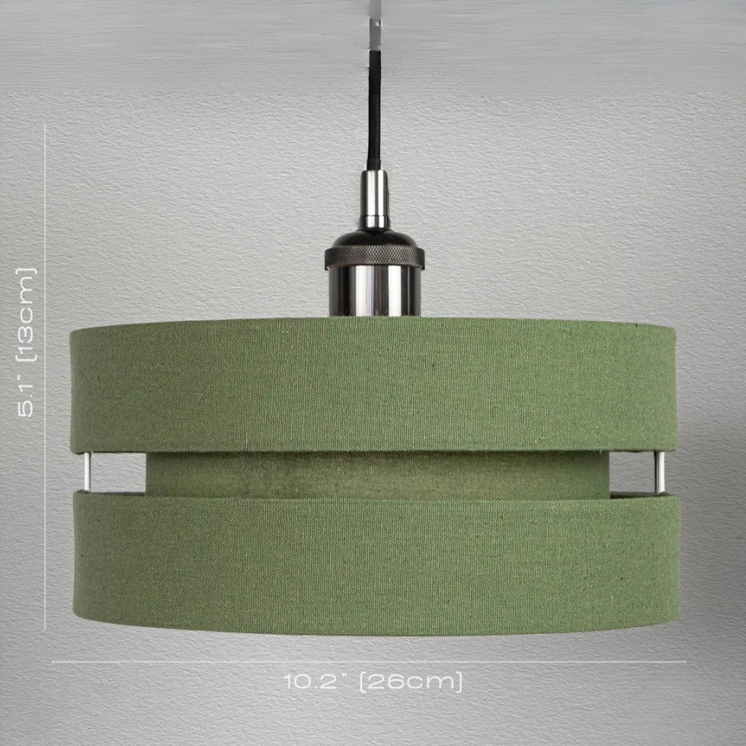 Green pendant light with measurement details on a gray background