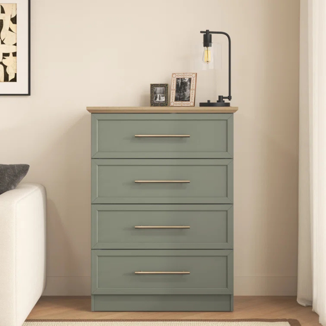 Contemporary Sage Green Chest Of Drawers, front view, set in a modern home.
