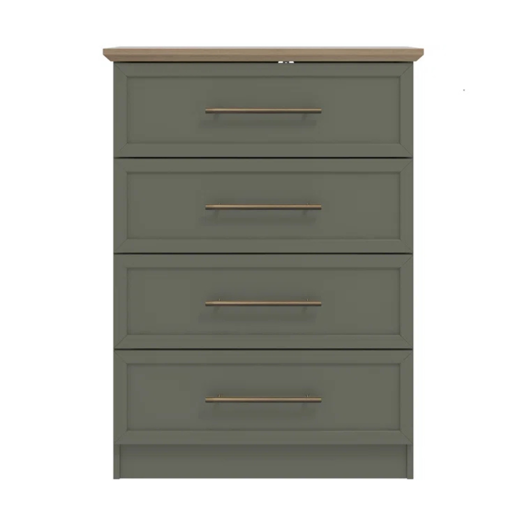 Contemporary Sage Green Chest Of Drawers, white background, front view.