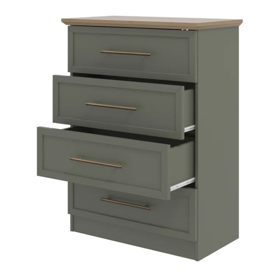 Contemporary Sage Green Chest Of Drawers, white background, with drawers open.