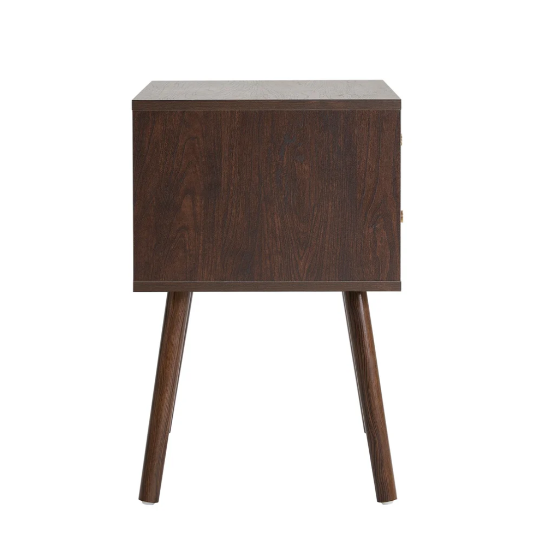 Wooden side table with a white top on a white background side view