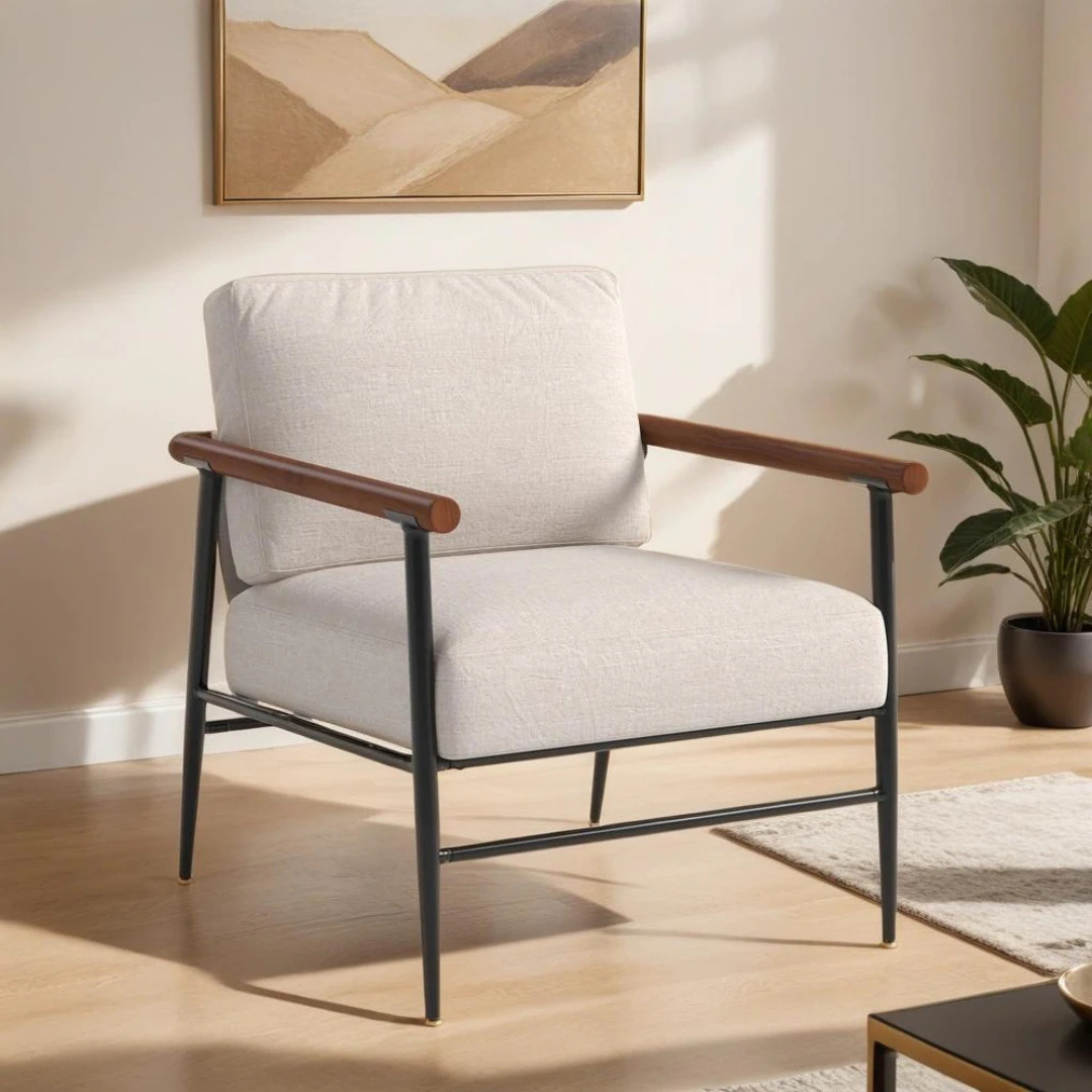 modern white boucle accent chair with wood arms and metal frame, set up in a modern home.
