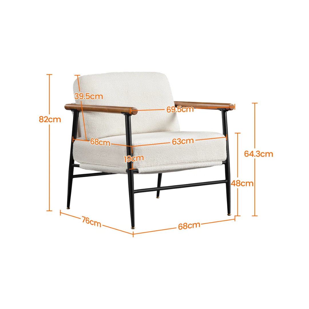 modern white boucle accent chair with wood arms and metal frame, dimensions.