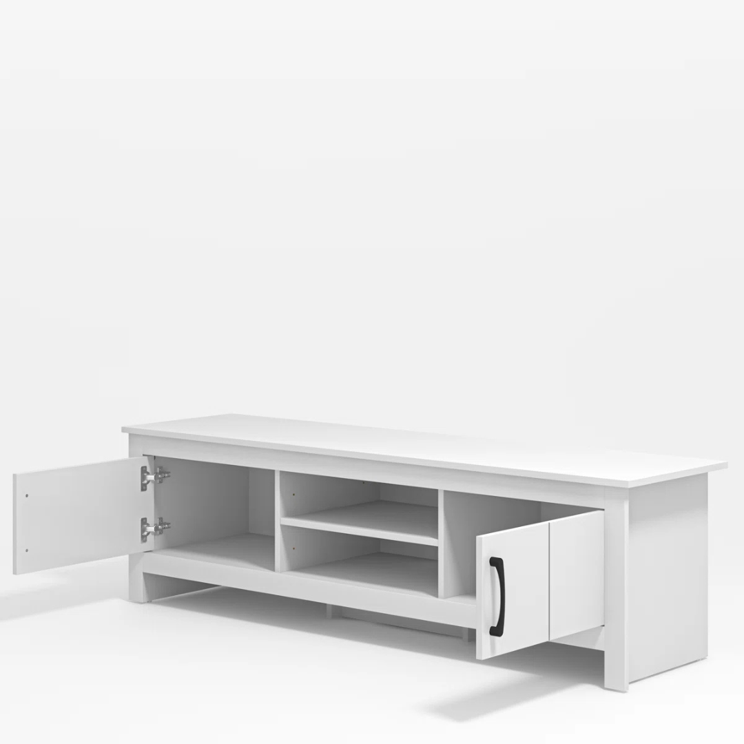 Contemporary White TV Unit, white background, angled view with doors open.