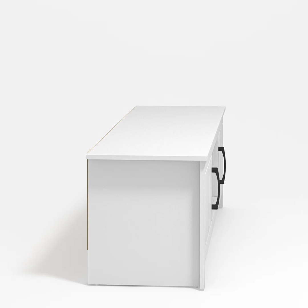 Contemporary White TV Unit, white background, side view.