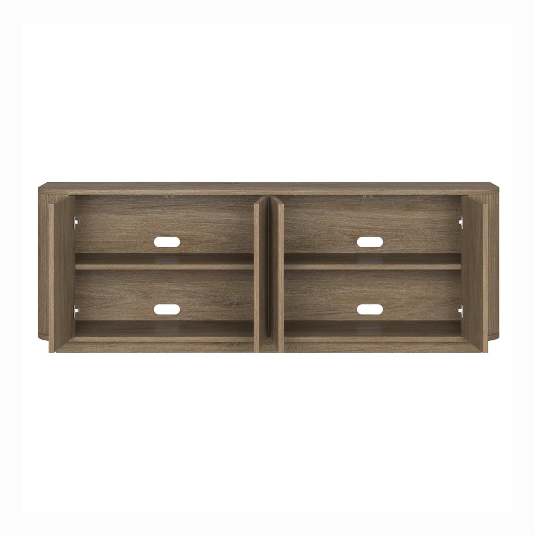 Contemporary Wooden TV Stand With Storage, White back ground, with all doors open.