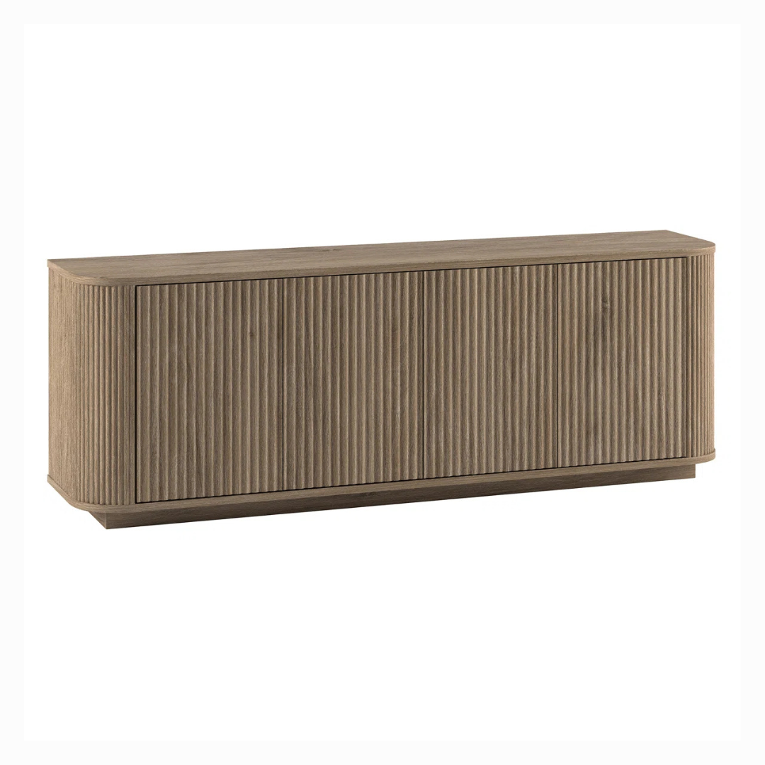 Contemporary Wooden TV Stand With Storage, White back ground, angled view.