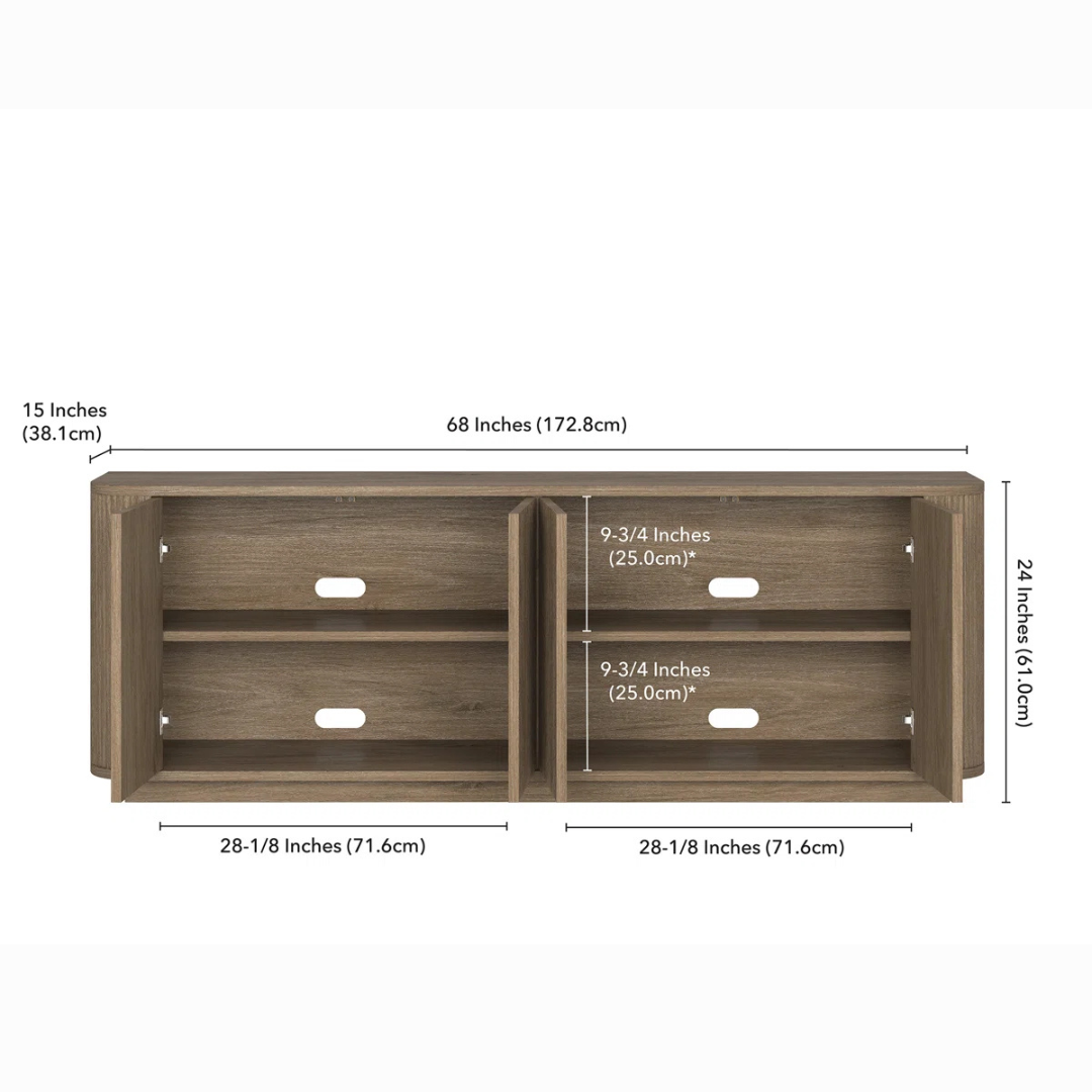Contemporary Wooden TV Stand With Storage, White back ground, dimensions.