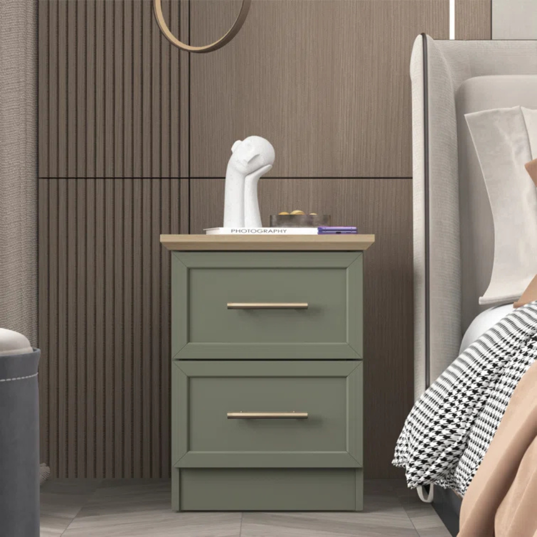 Contemporary Sage Green Bedside Table, set in a modern home.