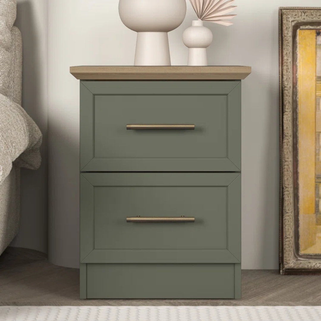 Contemporary Sage Green Bedside Table, front view in a model home.