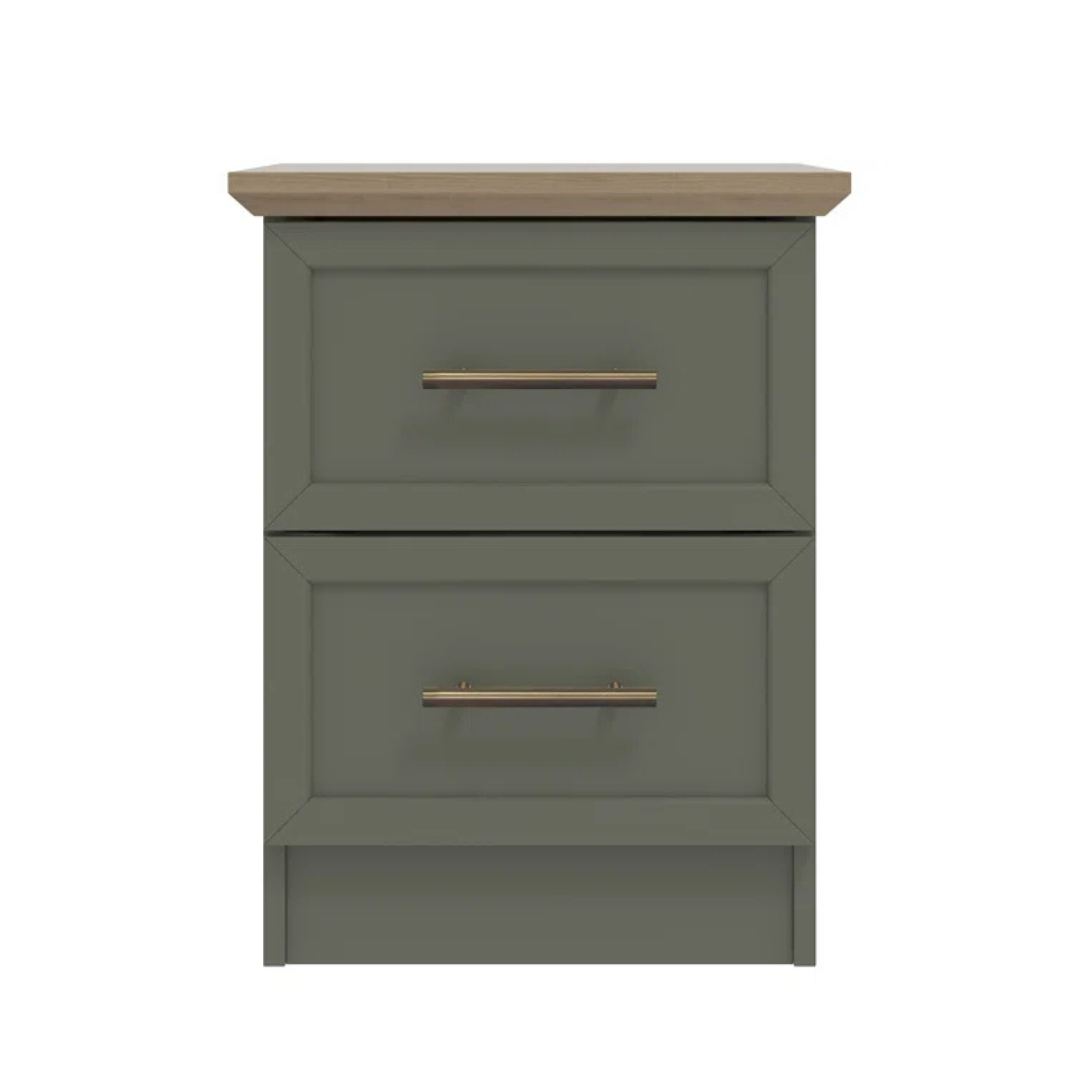 Contemporary Sage Green Bedside Table, front view, white background.