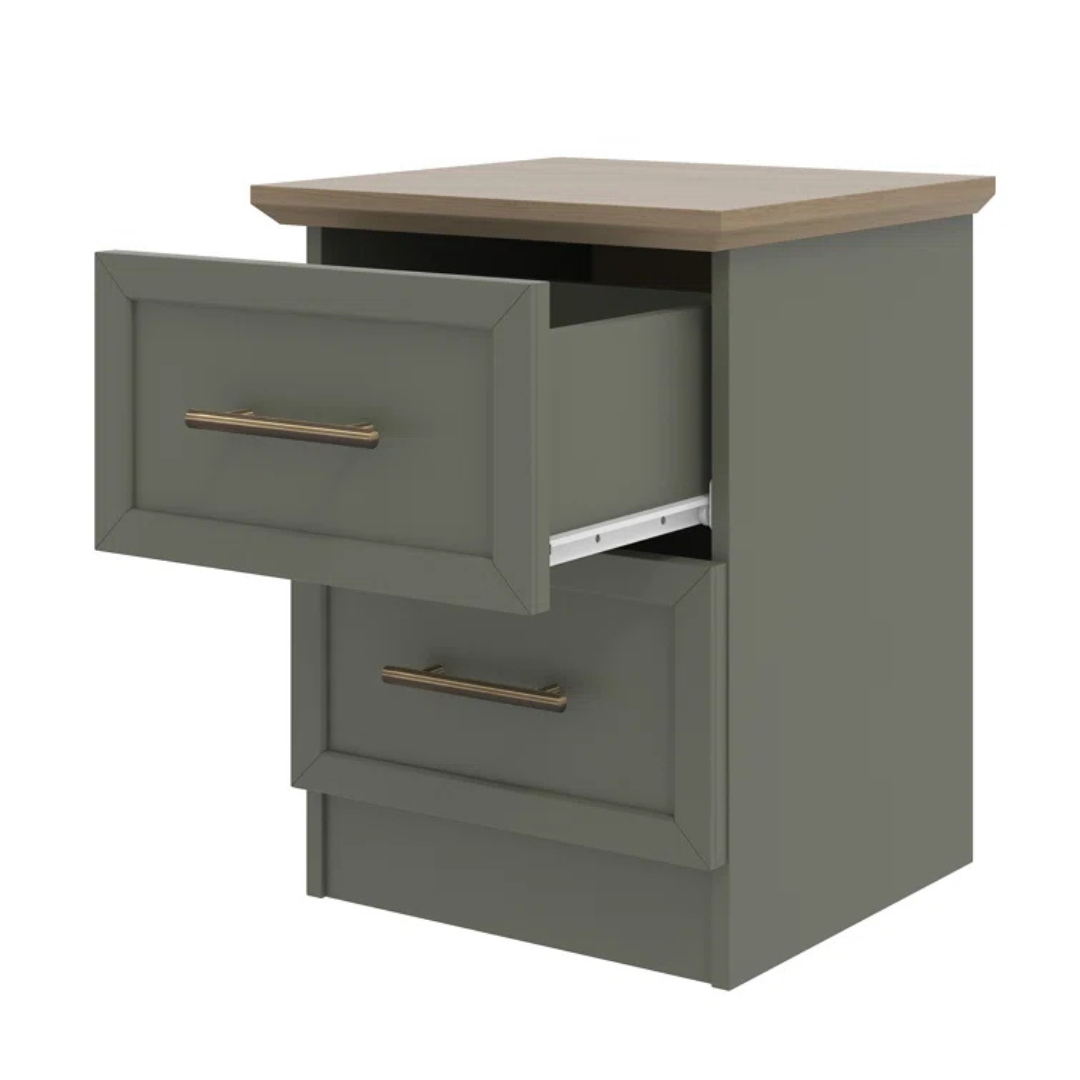 Contemporary Sage Green Bedside Table, side view, white background.