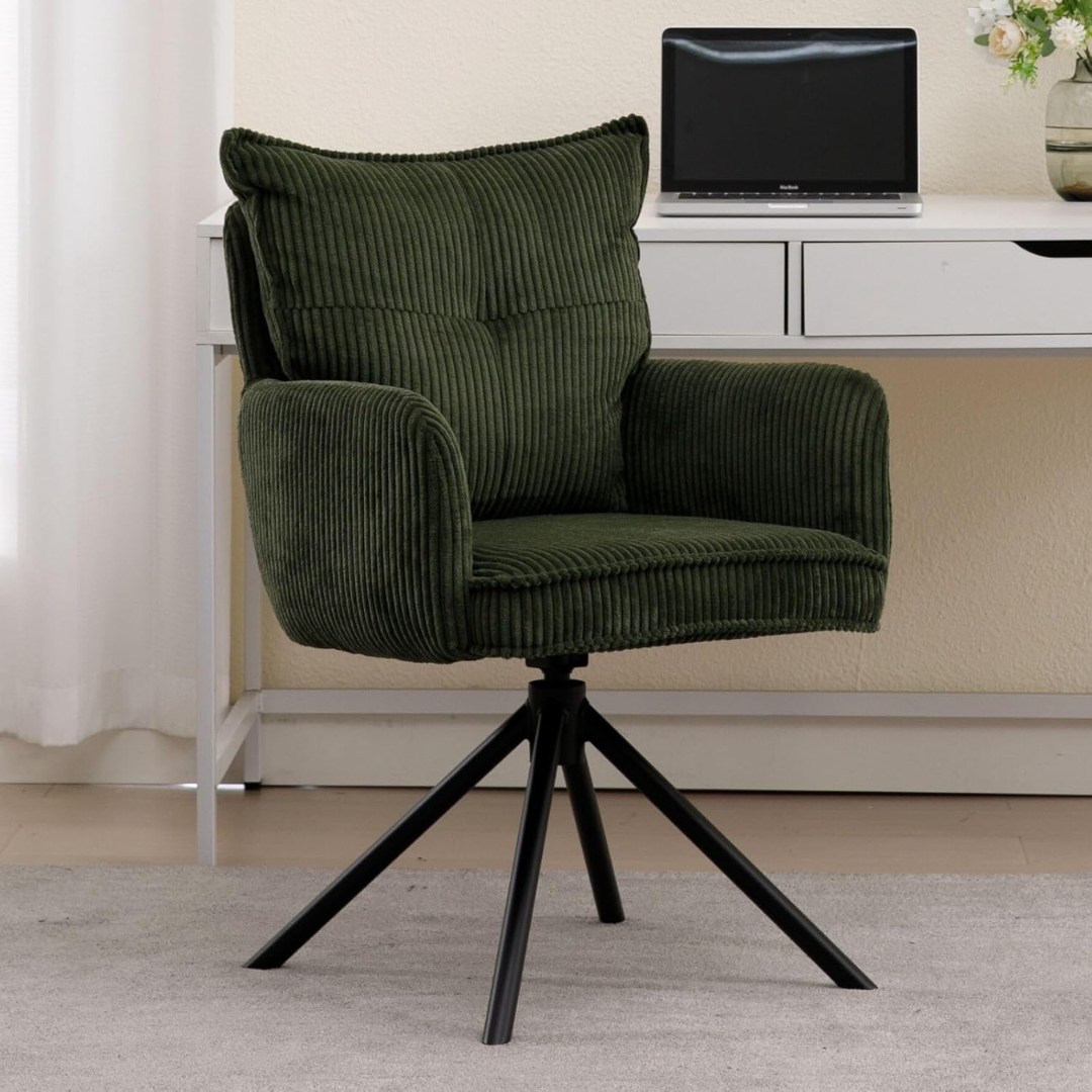 green corduroy swivel desk chair without wheels in home office