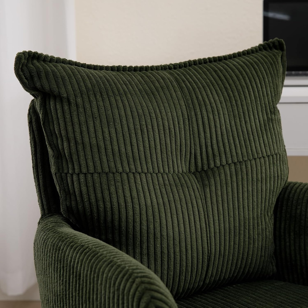 corduroy swivel desk chair without wheels in home office, close up to corduroy design.
