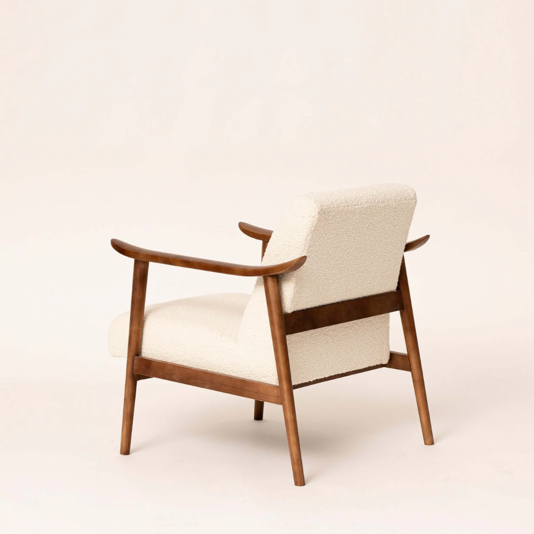 Dark Wood Boucle Modern Mid Century Armchair back view