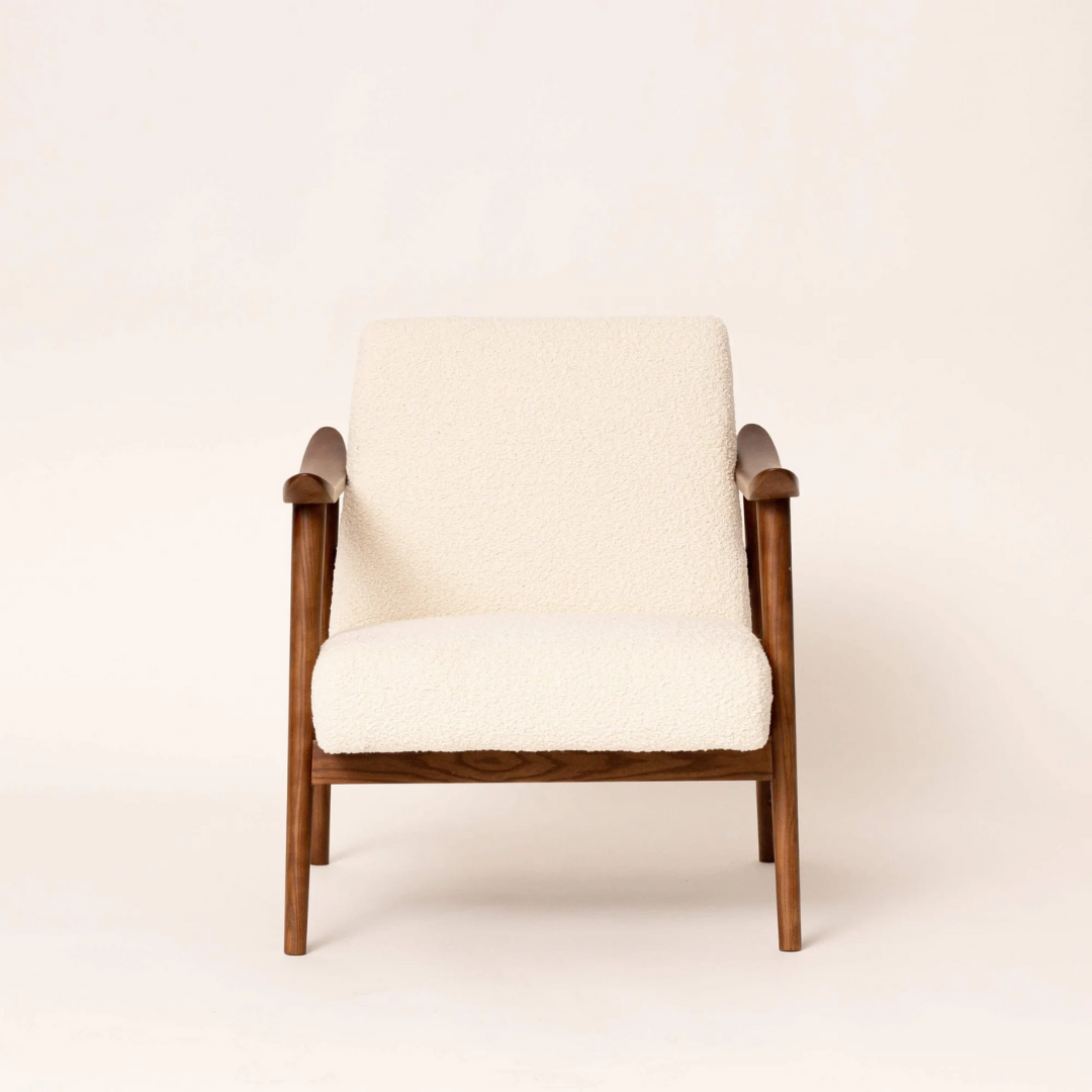 Dark Wood Boucle Modern Mid Century Armchair front view