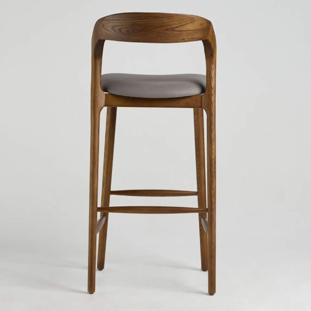 Dark Wooden Kitchen Bar Stool With Back back view against a white bacjkground