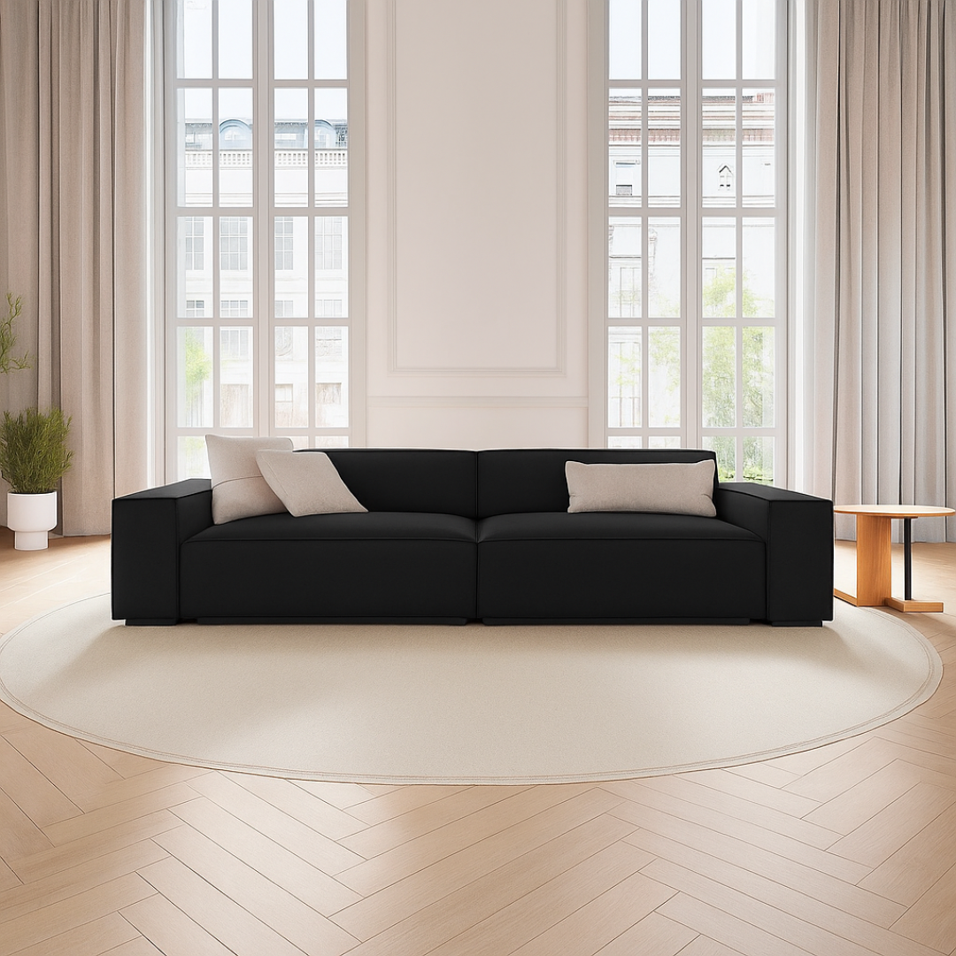 Deep Seat Modern 3 Seater Black Sofa, set in a modern home.