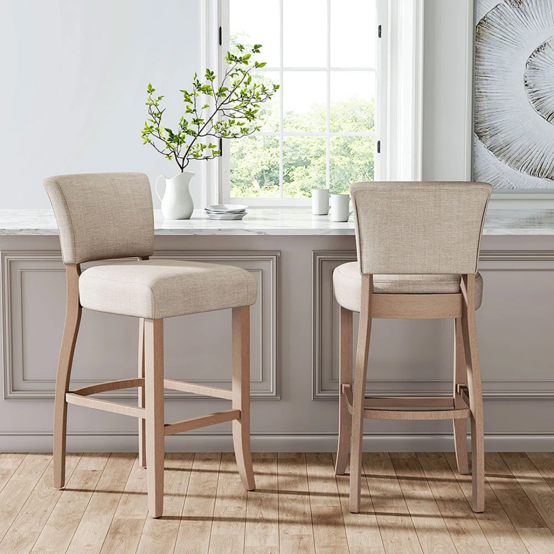 Fabric Beige Bar Stools With Back - Set Of Two