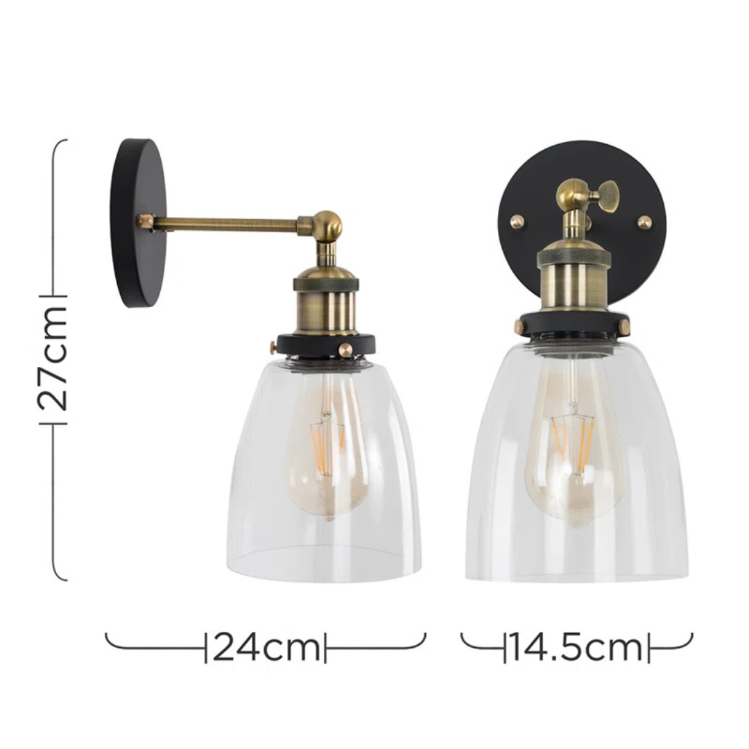 Two wall-mounted lamps with clear glass shades and brass fixtures, shown with measurements on a white background.
