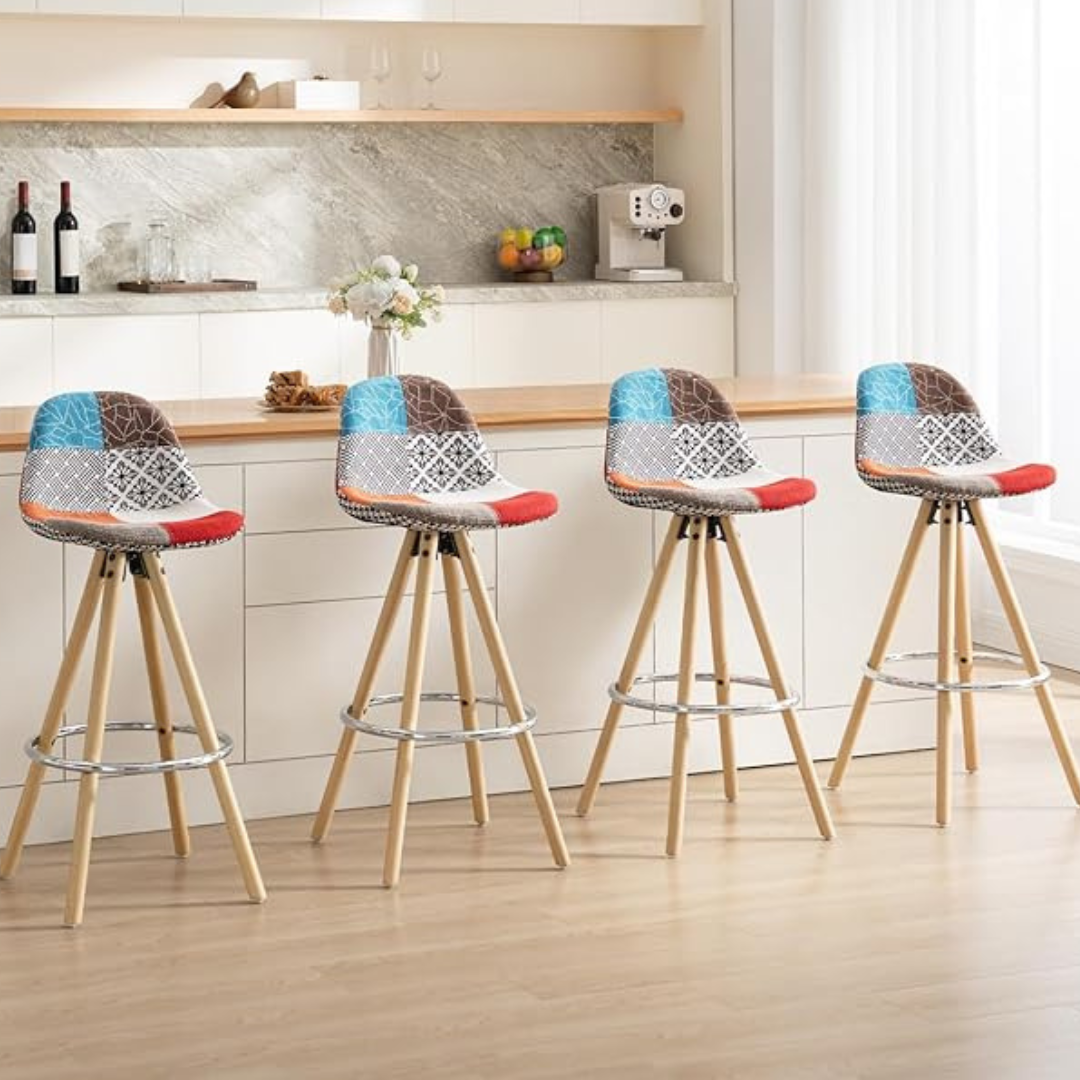 Funky Colourful Patchwork Barstool Chairs Set Of 4 in a modern kitchen.