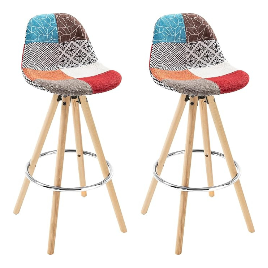 Funky Colourful Patchwork Barstool Chairs Set Of 2, white background.