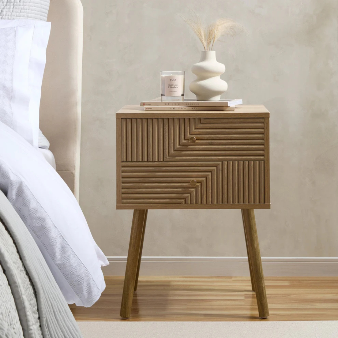 Geometric Mid Century Modern Bedside Table, Wooden nightstand with geometric design next to a bed