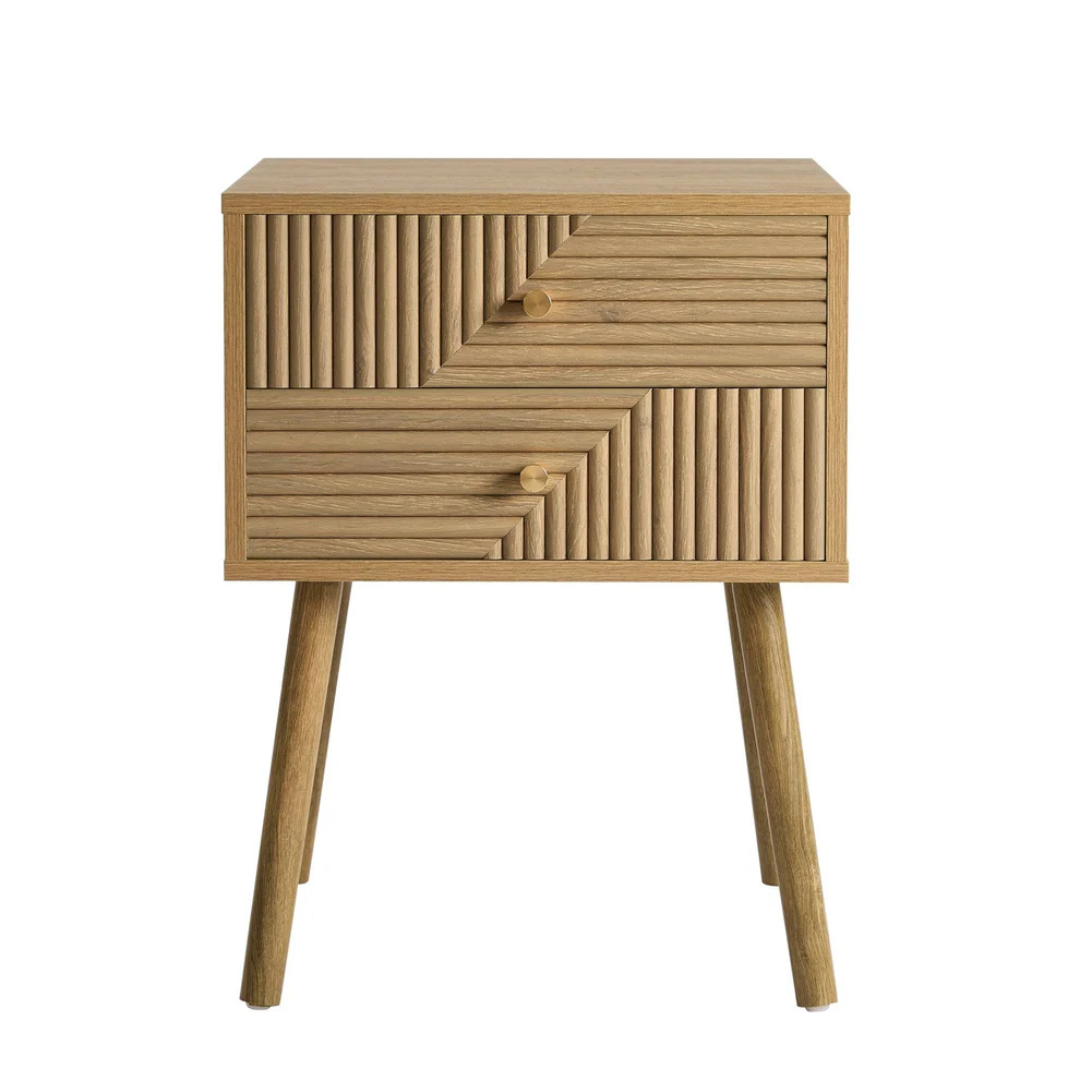Geometric Mid Century Modern Bedside Table, white background, front view.