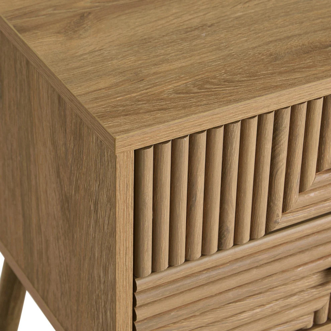 Geometric Mid Century Modern Bedside Table, Wooden side table with a slatted design on a white background