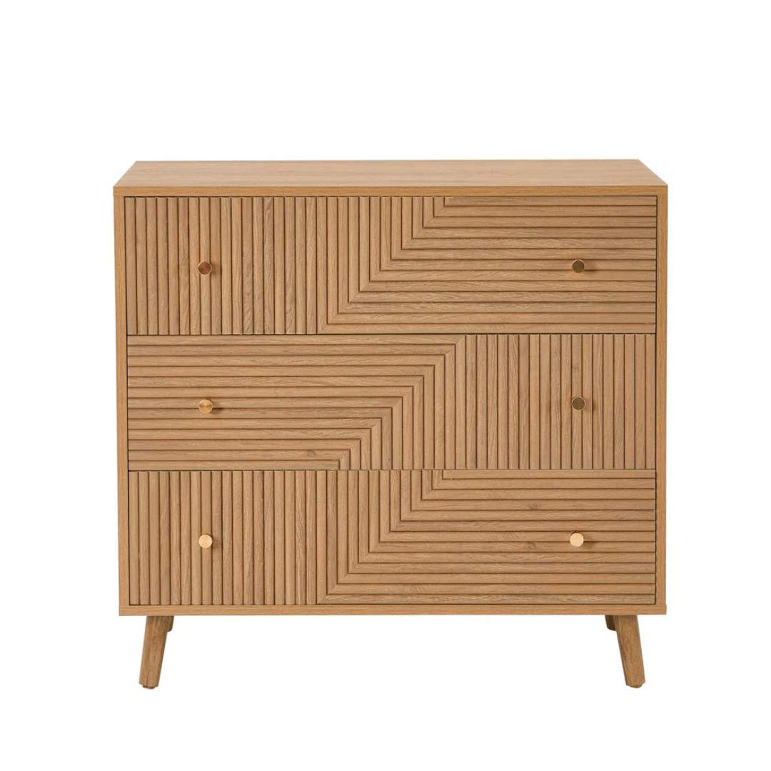 Geometric Mid Century Modern Drawers Chest, Wooden dresser with geometric pattern on a white background, front view