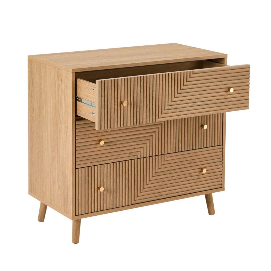Geometric Mid Century Modern Drawers Chest, Wooden dresser with geometric pattern on a white background
