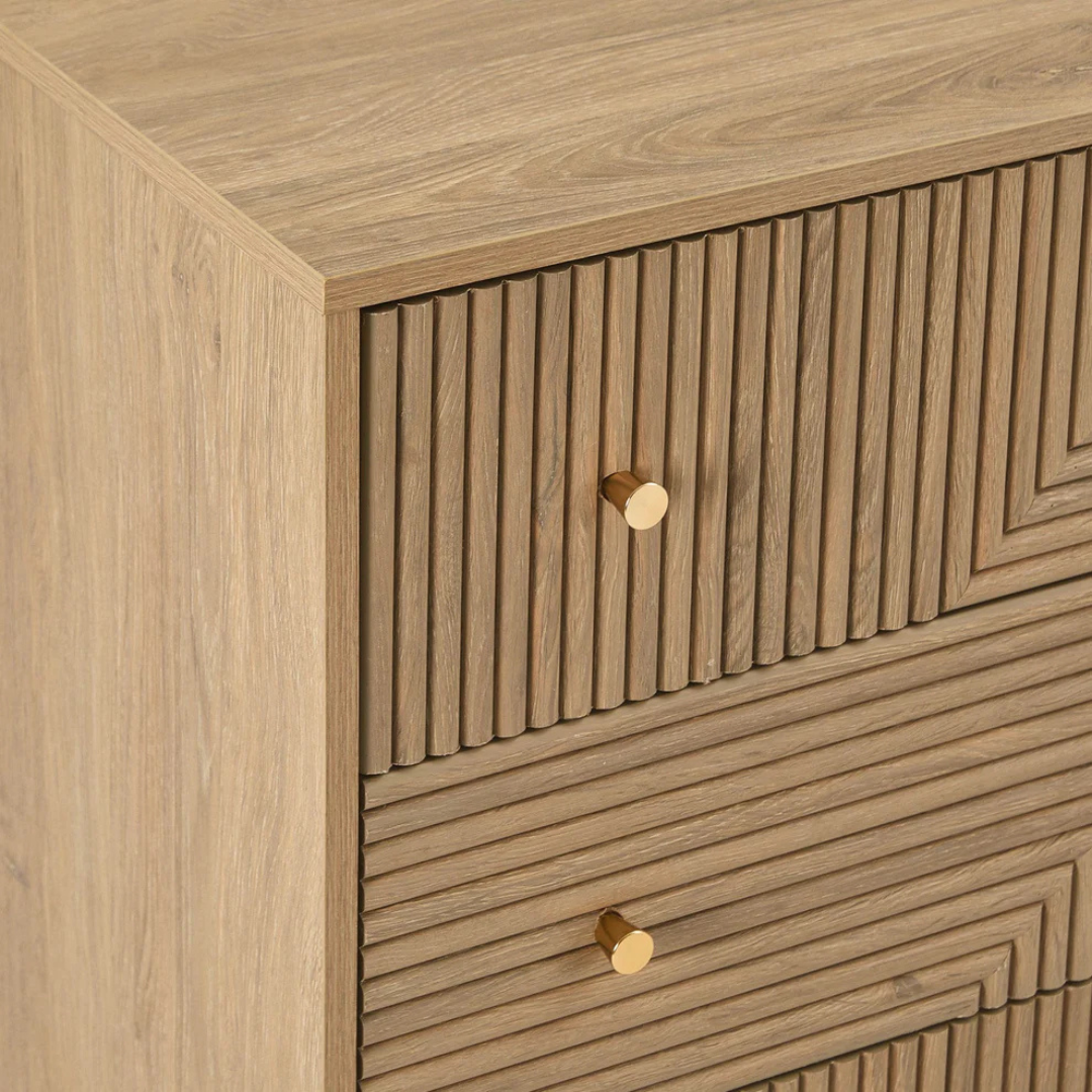 Geometric Mid Century Modern Drawers Chest, Wooden cabinet with geometric pattern and gold knobs, close up to design.