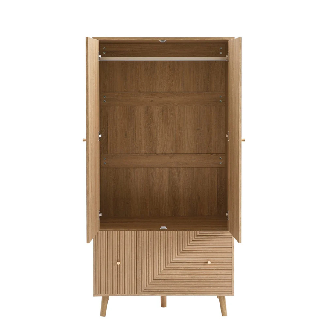 Geometric Mid Century Modern Wardrobe Wooden cabinet with open doors on a white background