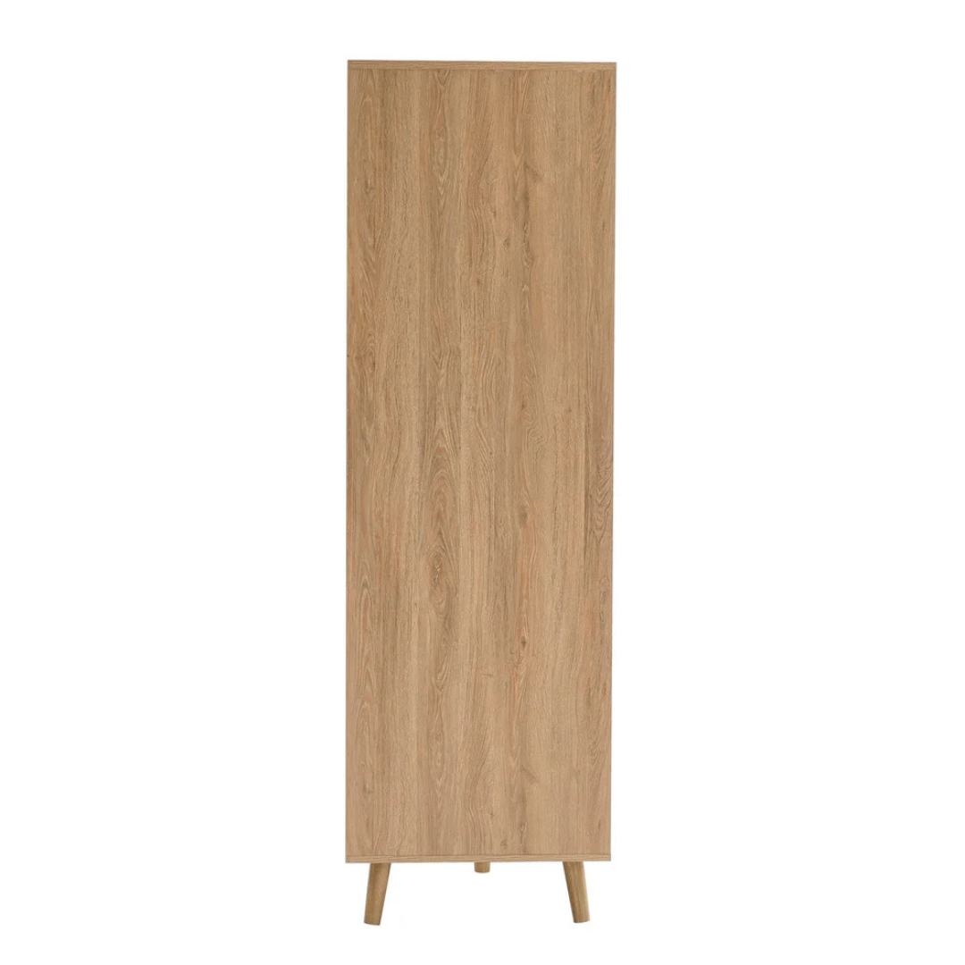 Wooden cabinet with a white background, side view.