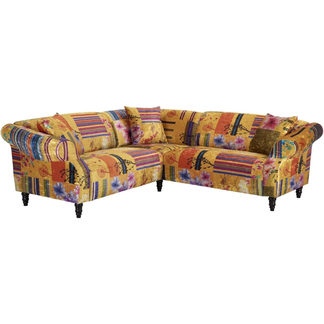 Gold Multi Coloured Patchwork Corner Sofa, white background.
