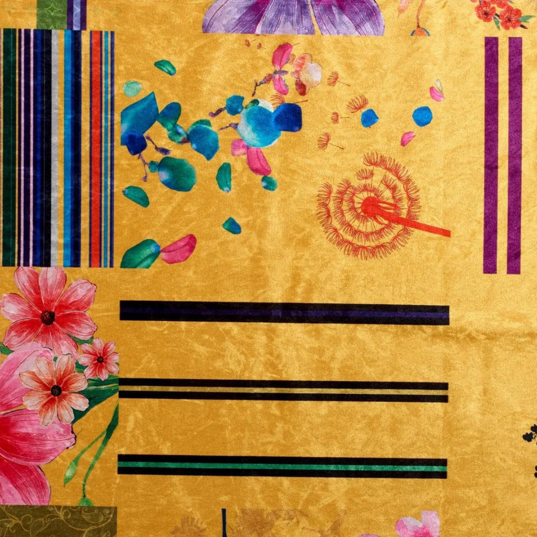 Gold Multi Coloured Patchwork Corner Sofa, close up of gold patchwork design.