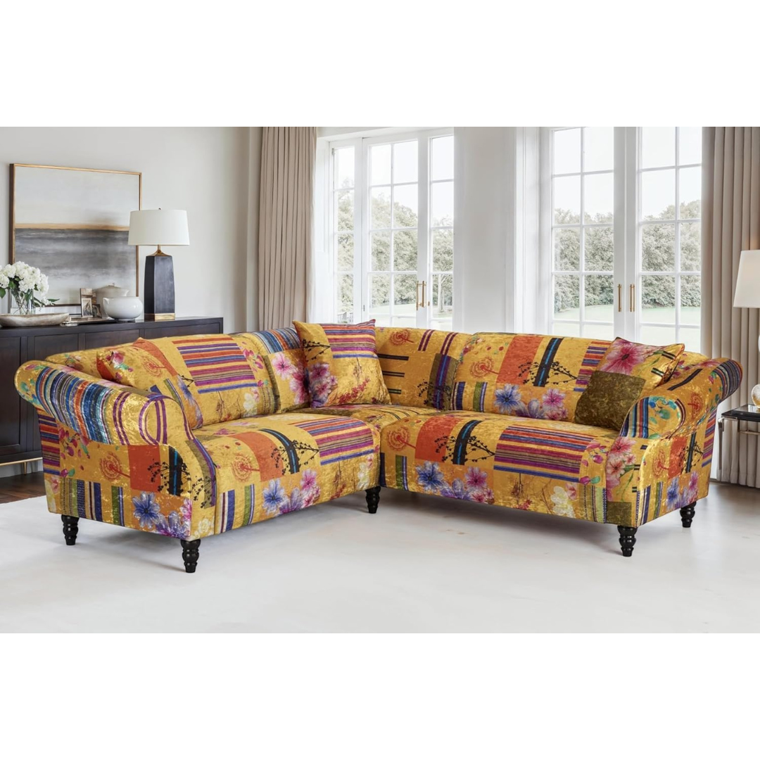Gold Multi Coloured Patchwork Corner Sofa, set in a modern home.
