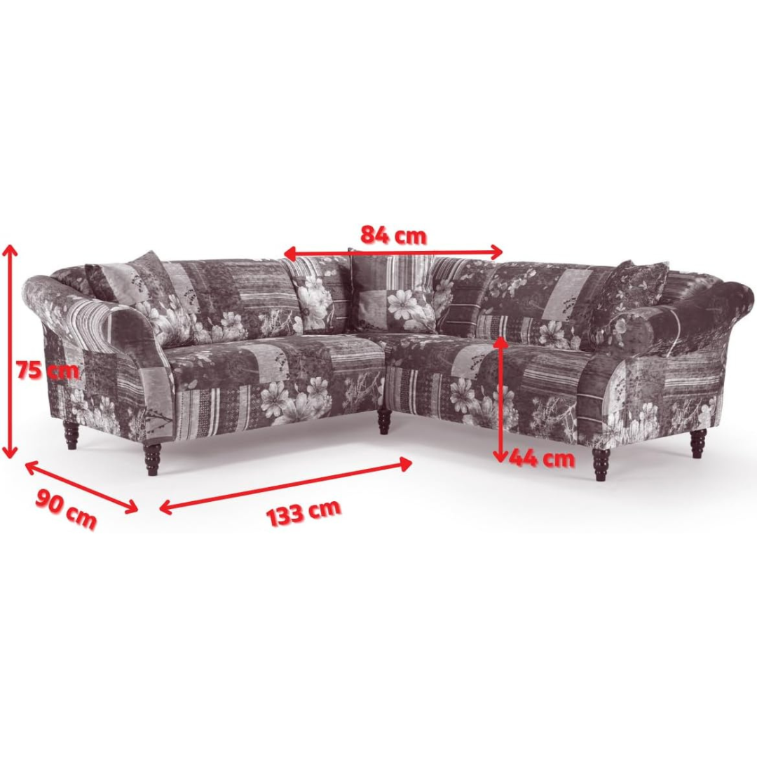 Gold Multi Coloured Patchwork Corner Sofa, dimensions.